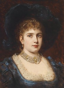 Retrato, de, um, senhora, em, vestido azul, com, chapéu